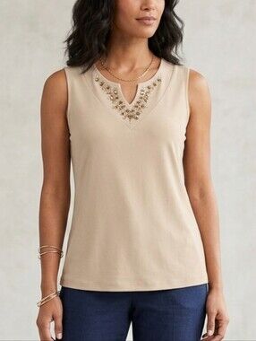 Susan Graver Sleeveless Beaded V-Neck Shell Blouse Top Tank Beige